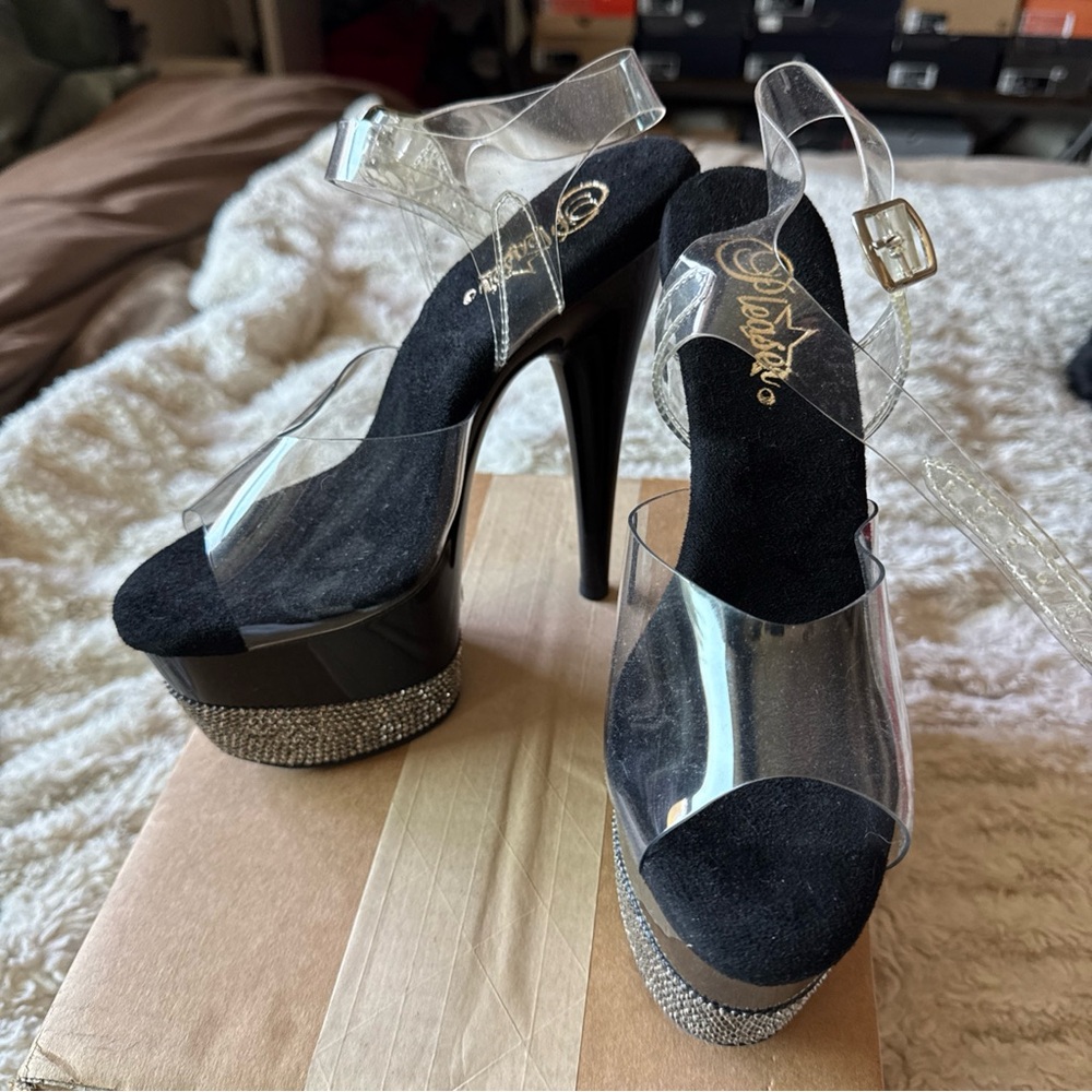 Pleaser Adore 708 Black Clear Rhinestone Studded Heels 8